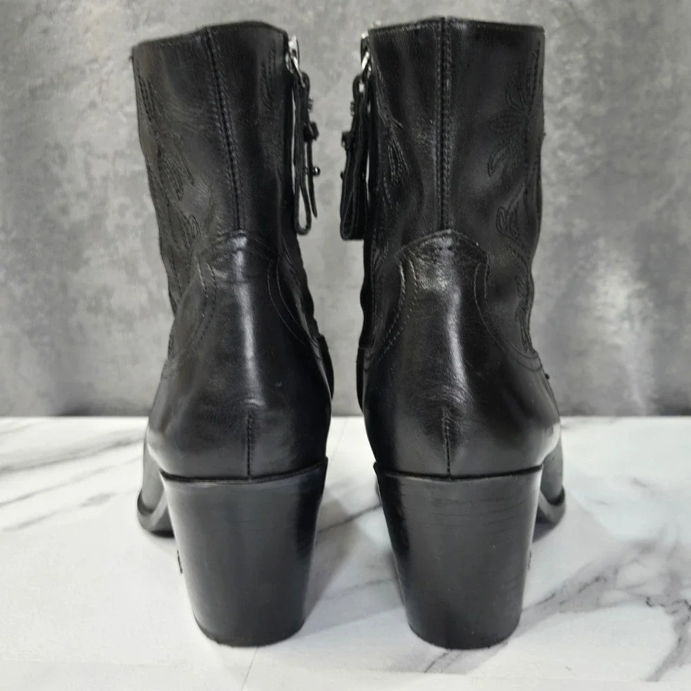 Sam Edelman Wilda Western Boots Womens 9 Black Leather Embroidered Pointed Ankle